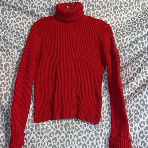 Red DKNY JEANS turtleneck ribbed sweater with arm pocket
